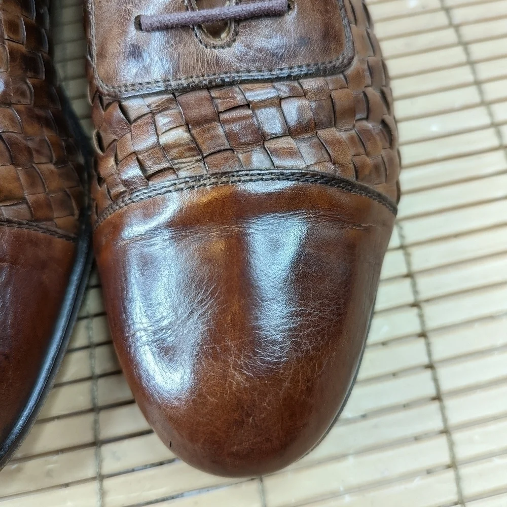 Bostonian Florentine Brown Leather Cap Toe Woven Shoes Oxford Made in Italy Men'